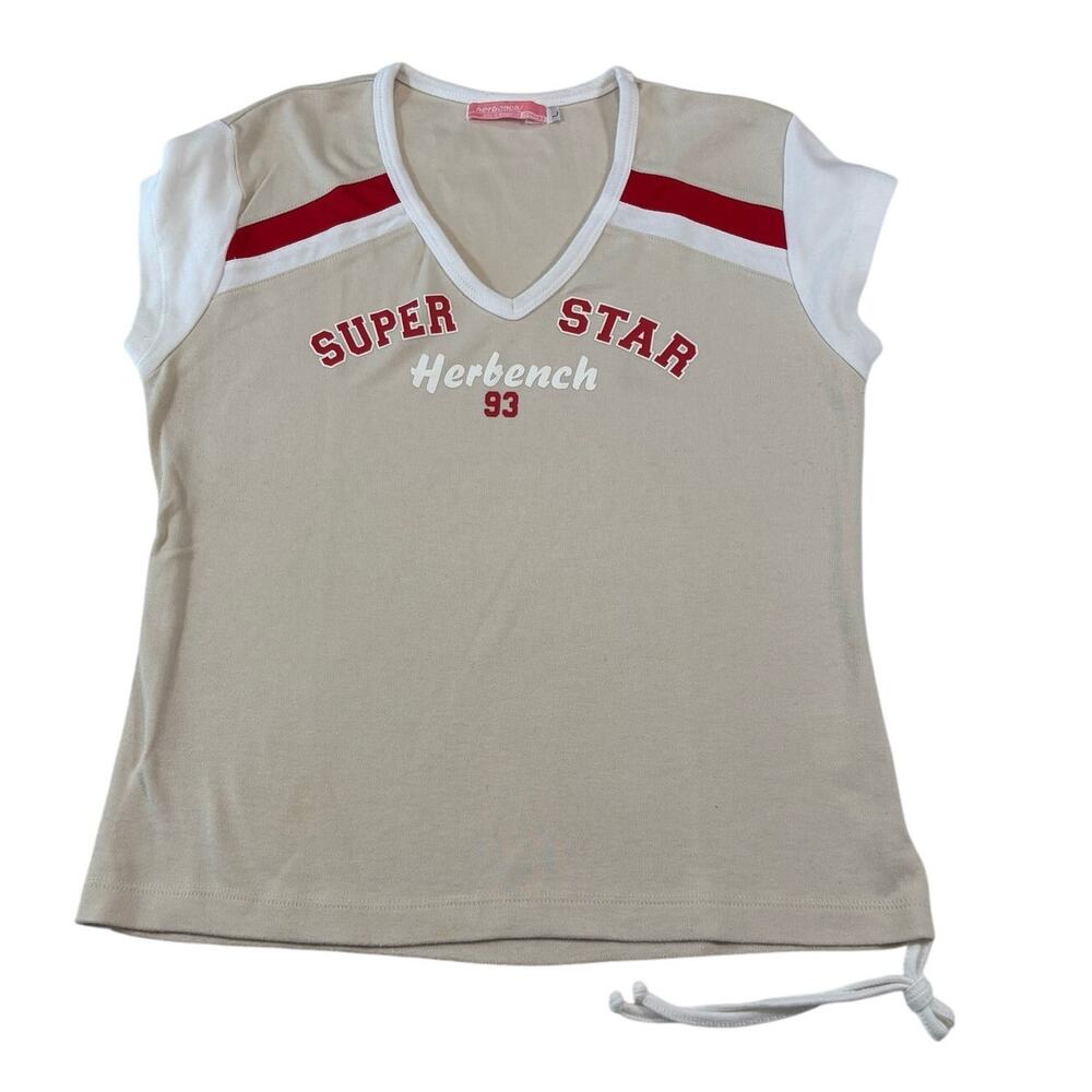 Y2K Herbench V-Neck Side Tie Tan T-Shirt, Size L, Super Star 93